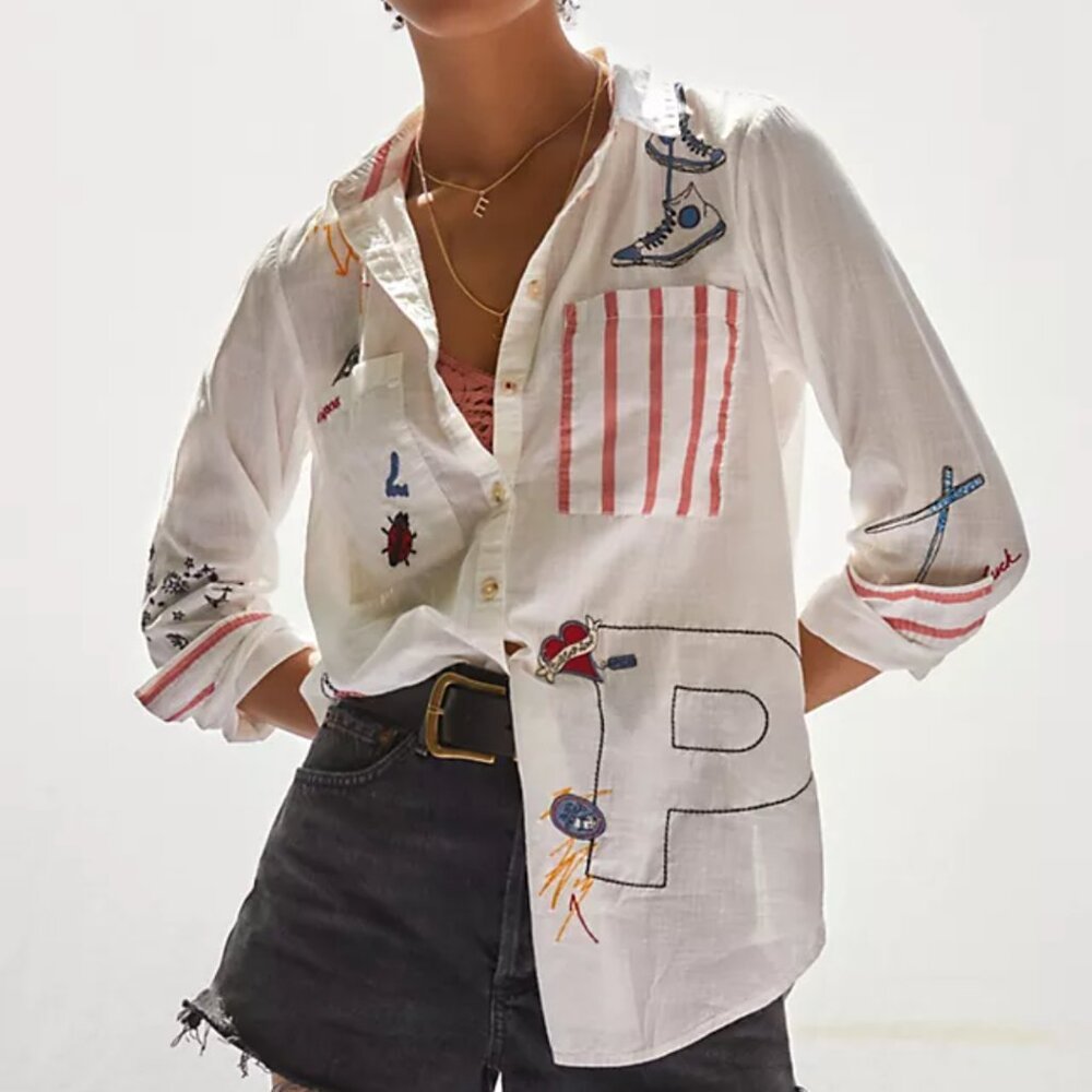 Anthropologie Pilcro Embroidered White Classic Shirt Retro Art Whimsy Size XL - Picture 2 of 16